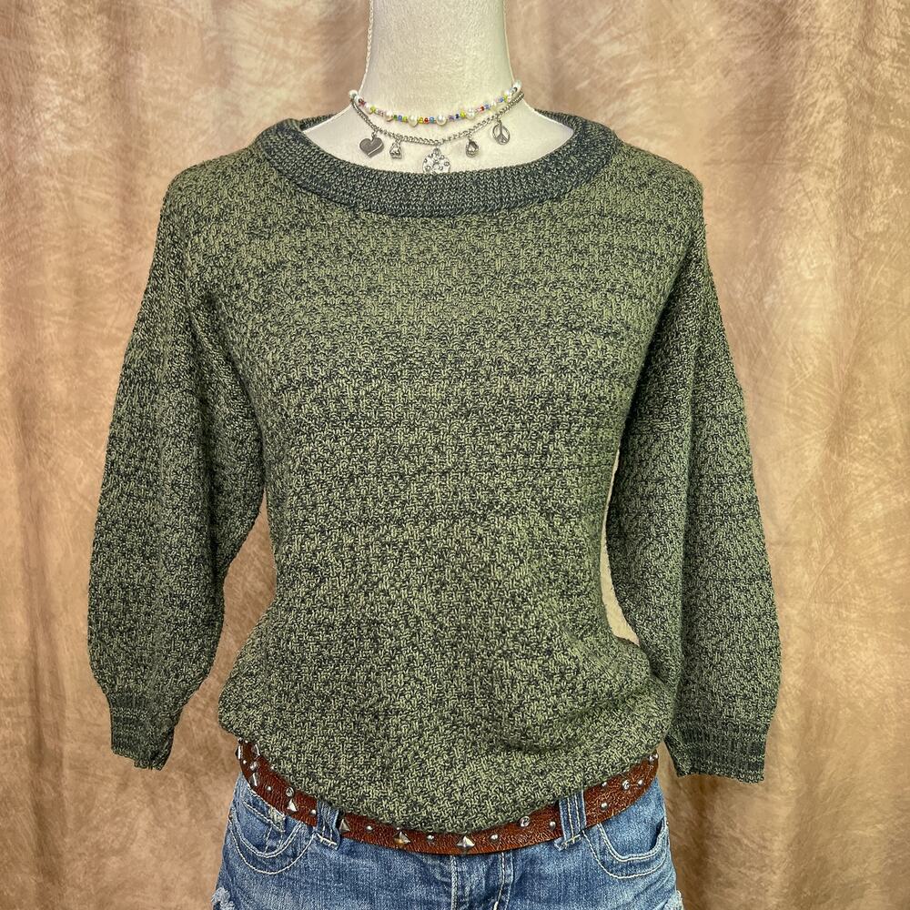 Vintage 70s Hush Khaki Green Sweater Knit 3/4 Sleeve Round Neck Grunge Academia